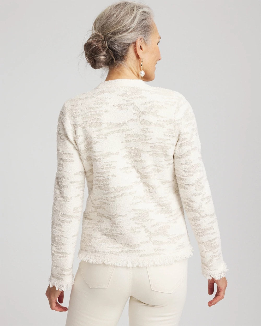 Chico's Fringe Textured V-Neck Cardigan English Cream