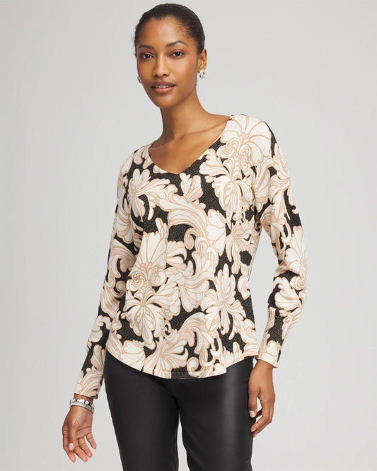 Chico's Ella Metallic V-Neck Sweater Purple Royale