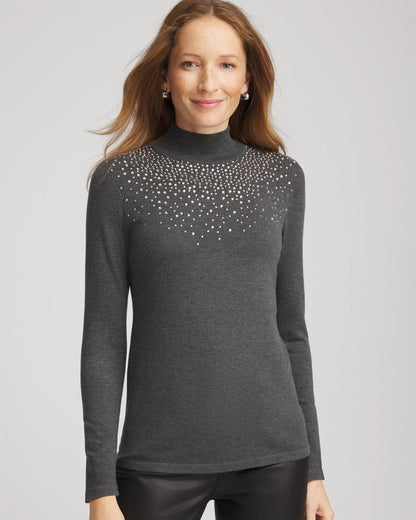 Chico's Ella Rhinestone Mockneck Sweater Graphite Gray
