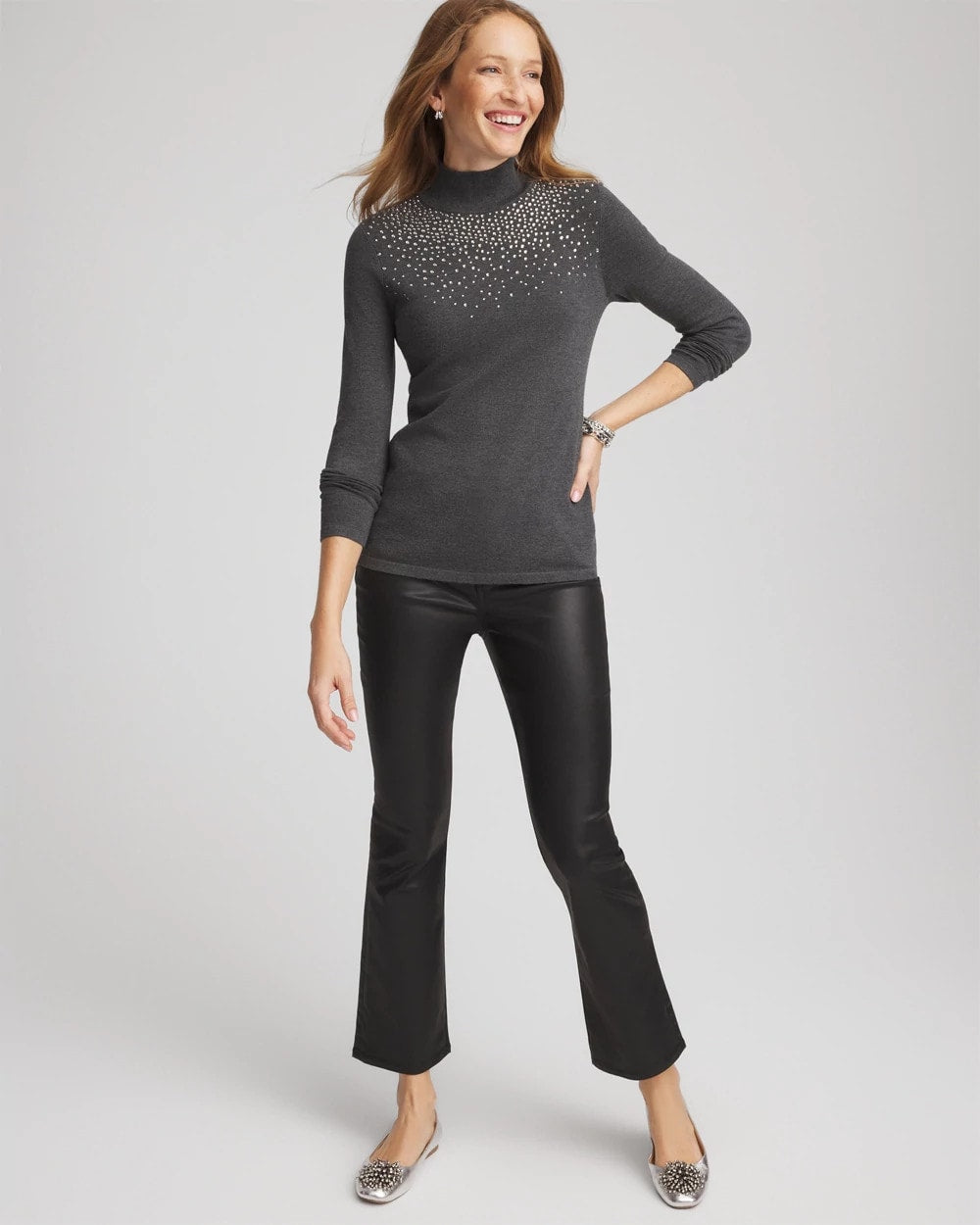 Chico's Ella Rhinestone Mockneck Sweater Graphite Gray