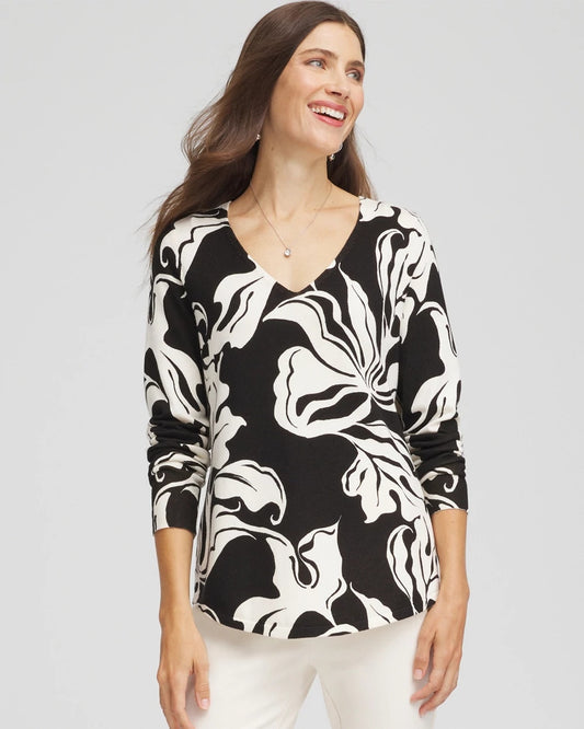Chico's Ella Printed V-Neck Sweater Black