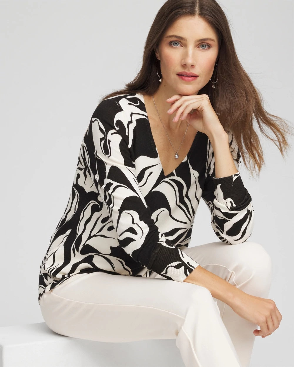 Chico's Ella Printed V-Neck Sweater Black