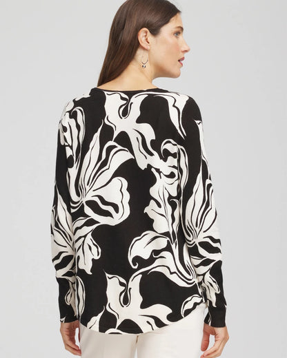 Chico's Ella Printed V-Neck Sweater Black