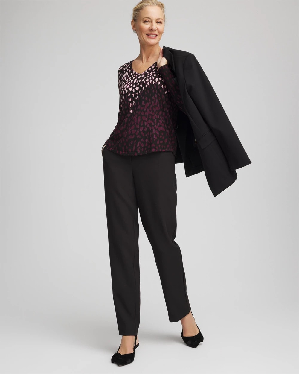 Chico's Ella Printed V-Neck Sweater Black