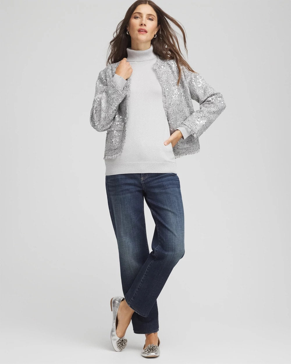 Chico's Metallic Turtleneck Pullover Sweaters Silver Glitter