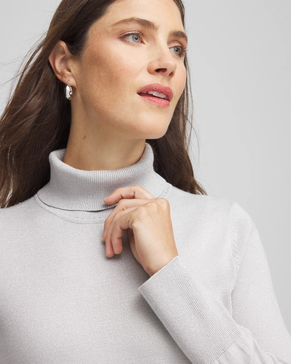 Chico's Metallic Turtleneck Pullover Sweaters Silver Glitter
