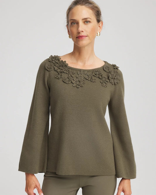 Chico's Appliqué Flared-Sleeve Sweater Nettle Leaf