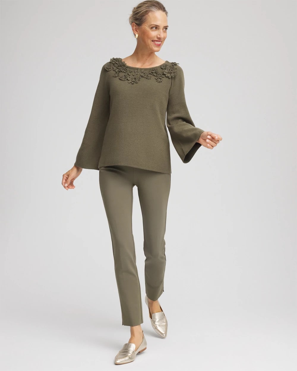 Chico's Appliqué Flared-Sleeve Sweater Nettle Leaf