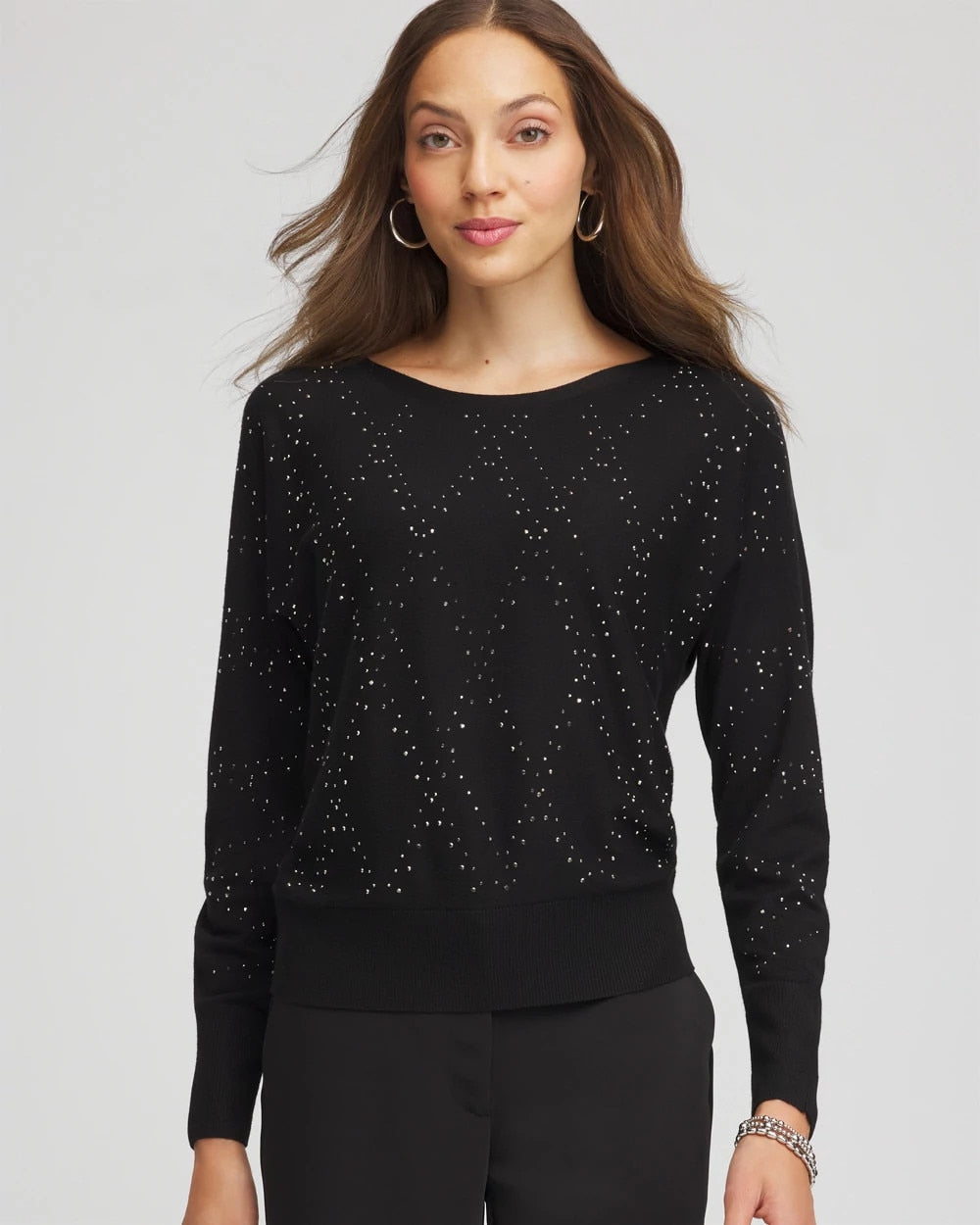 Chico's Ella Embellished Dolman Pullover Sweater Black