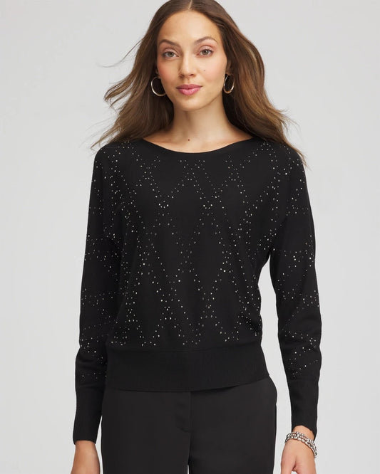 Chico's Ella Embellished Dolman Pullover Sweater Black