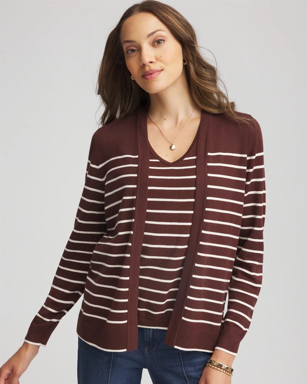 Chico's Ella Striped Long-Sleeve Cardigan Cacao