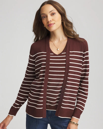 Chico's Ella Striped Long-Sleeve Cardigan Cacao