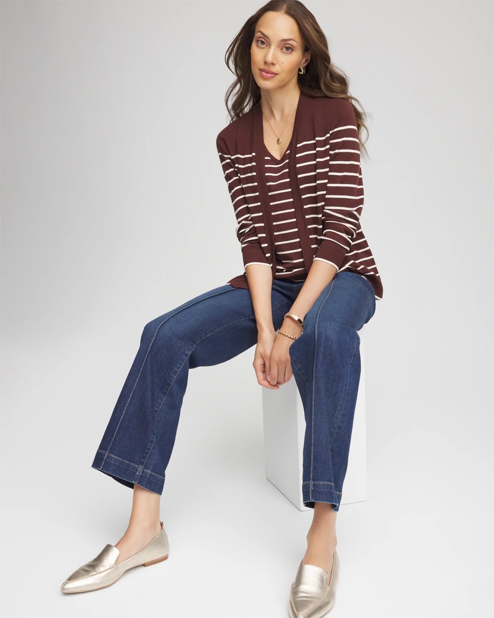 Chico's Ella Striped Long-Sleeve Cardigan Cacao