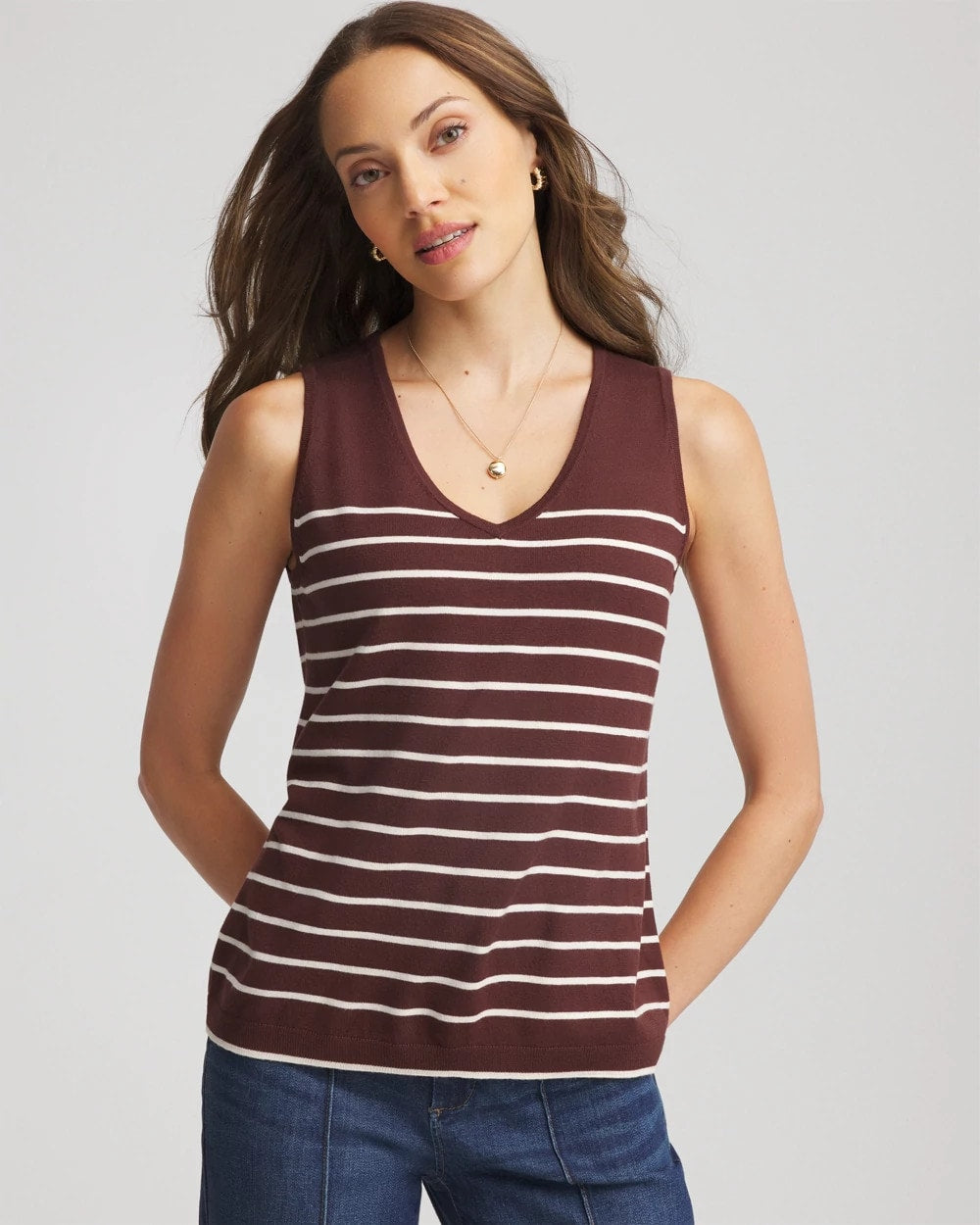 Chico's Ella Striped Sweater Tank Cacao