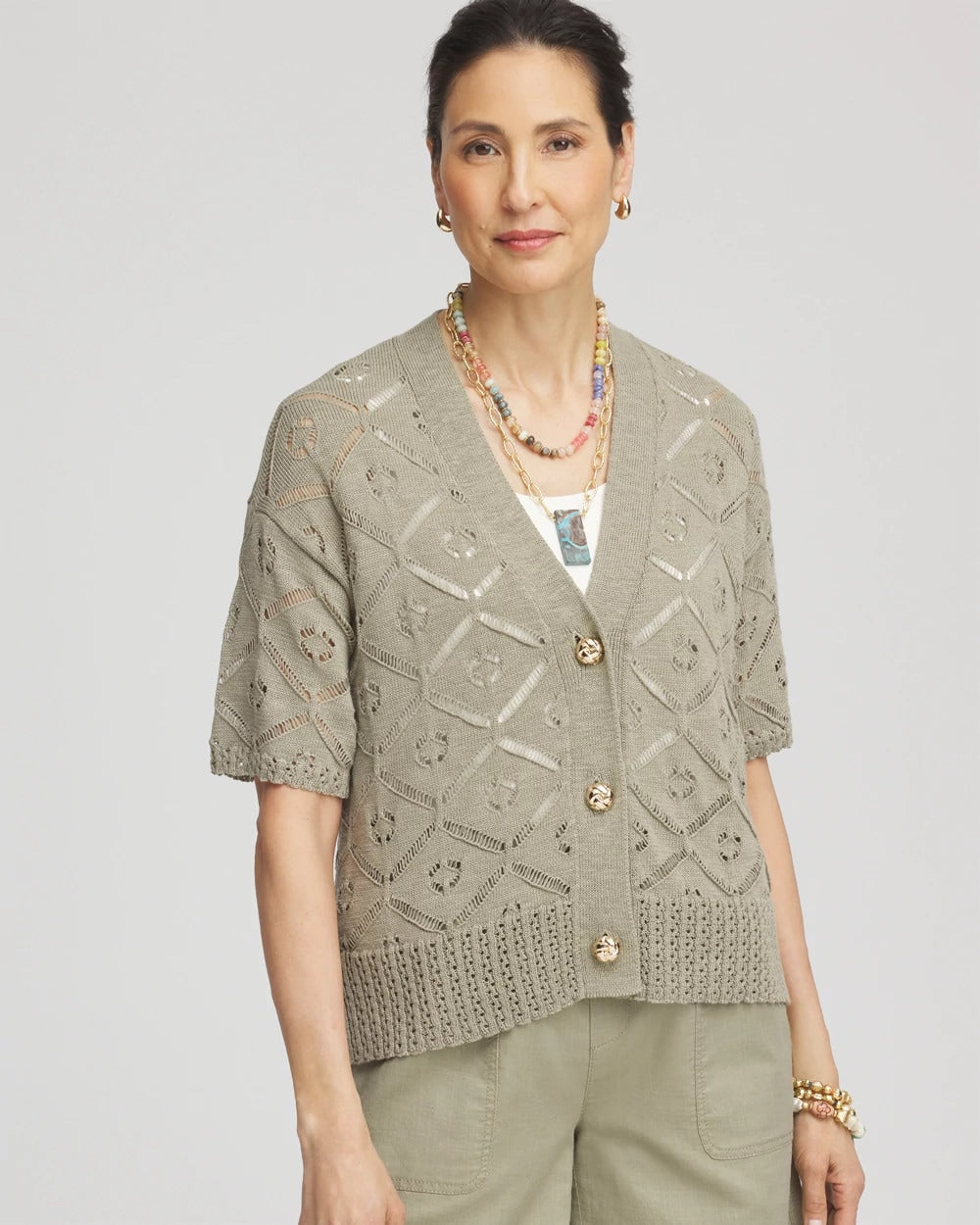 Chico's Short Button-down Cardigan Washed Sage