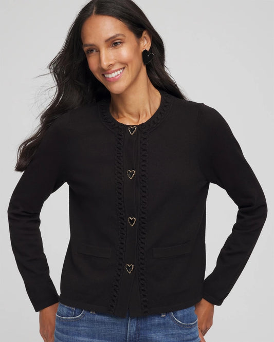 Chico's V-Day Embroidered Crewneck Cardigan Black