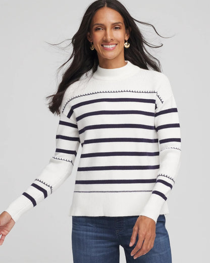 Chico's Striped Relaxed Mockneck Pullover Ecru