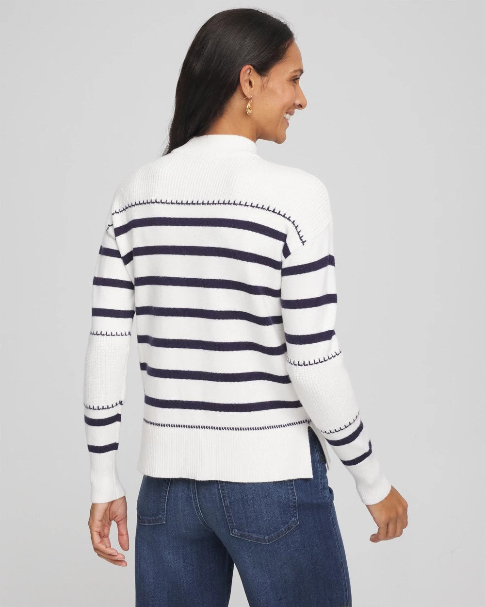 Chico's Striped Relaxed Mockneck Pullover Ecru