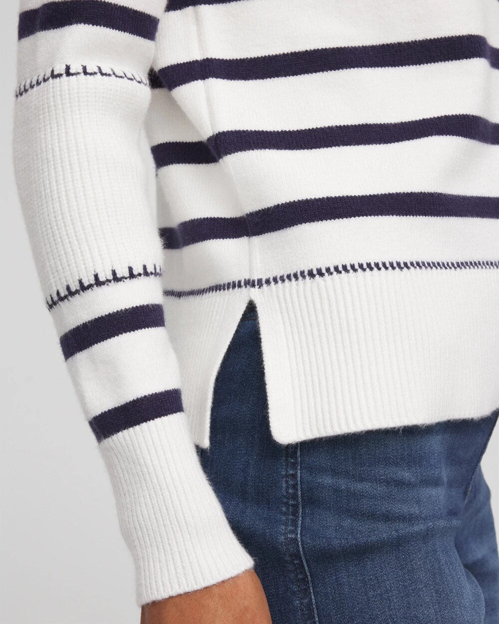 Chico's Striped Relaxed Mockneck Pullover Ecru