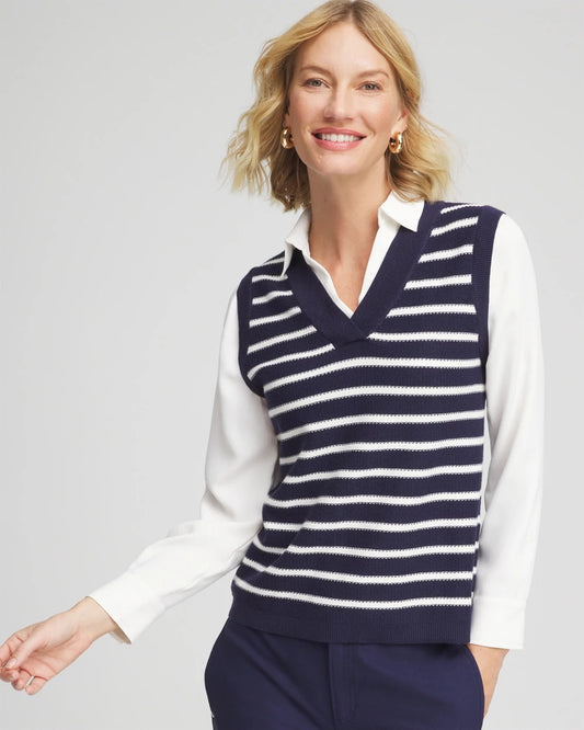 Chico's Striped V-Neck 2 in 1 Sweater Vest Passport Blue