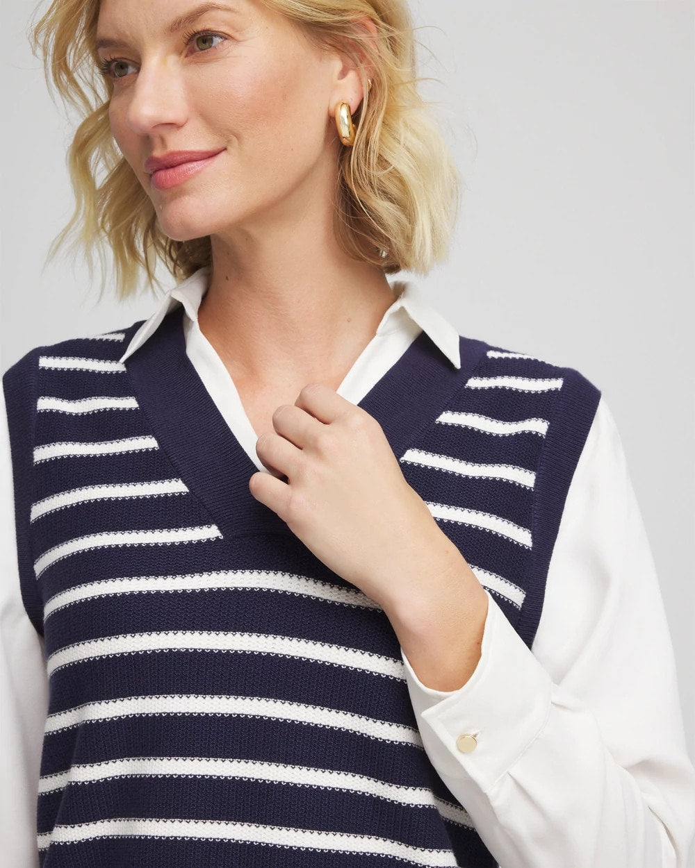 Chico's Striped V-Neck 2 in 1 Sweater Vest Passport Blue