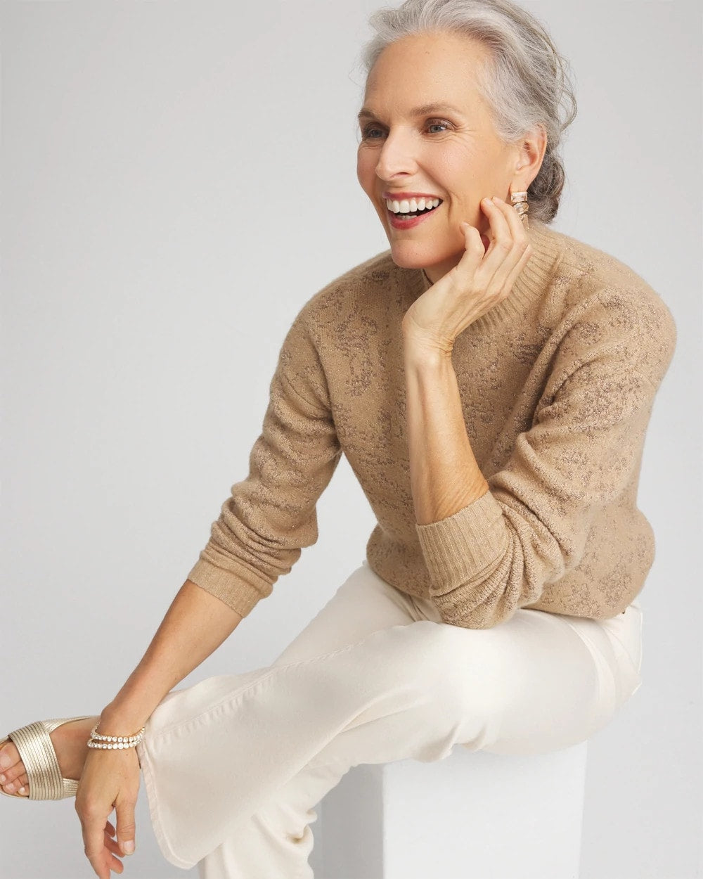 Chico's Jacquard Mockneck Pullover Champagne Fizz