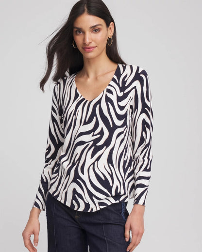 Chico's Ella Zebra V-Neck Pullover Sweater Passport Blue