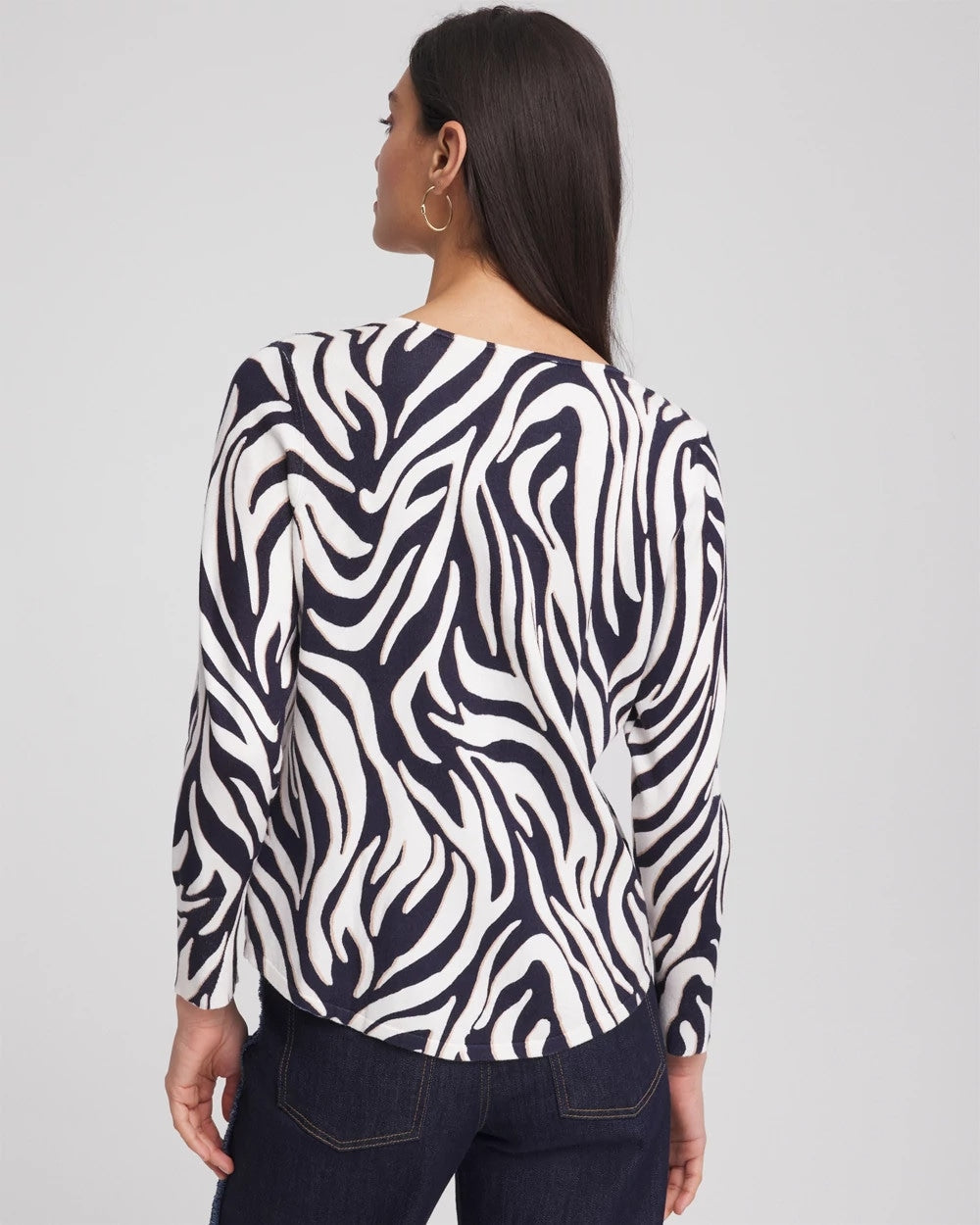 Chico's Ella Zebra V-Neck Pullover Sweater Passport Blue