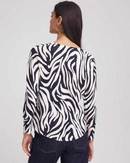 Chico's Ella Zebra V-Neck Pullover Sweater Passport Blue