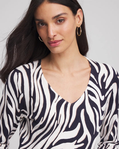 Chico's Ella Zebra V-Neck Pullover Sweater Passport Blue