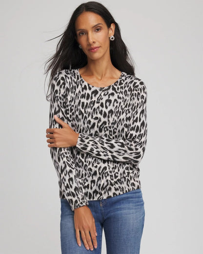 Chico's Animal Crewneck Cardigan English Cream