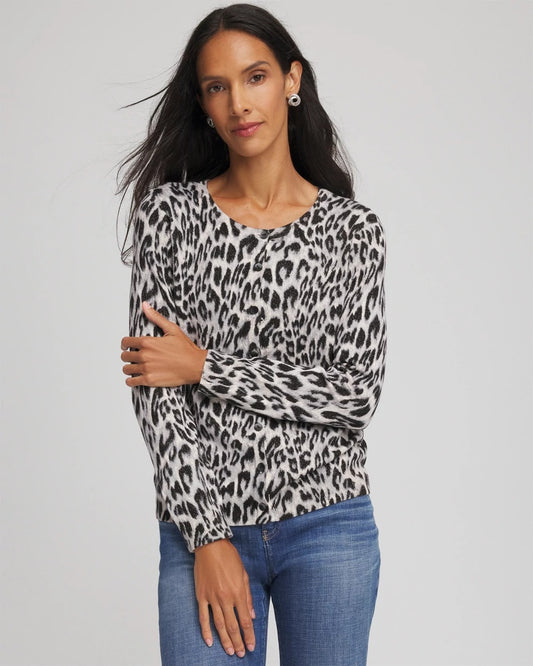 Chico's Animal Crewneck Cardigan English Cream