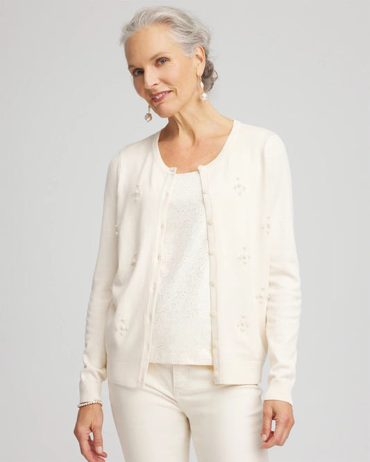 Chico's Embellished Crewneck Cardigan English Cream