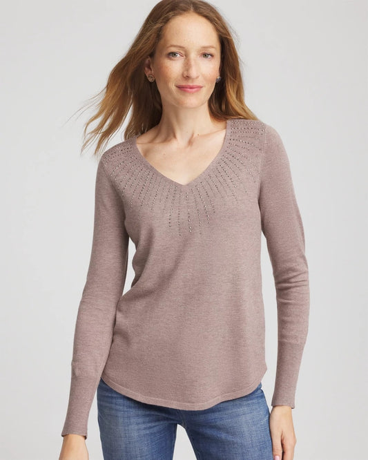 Chico's Ella Embellished V-Neck Sweater Taupe Heather