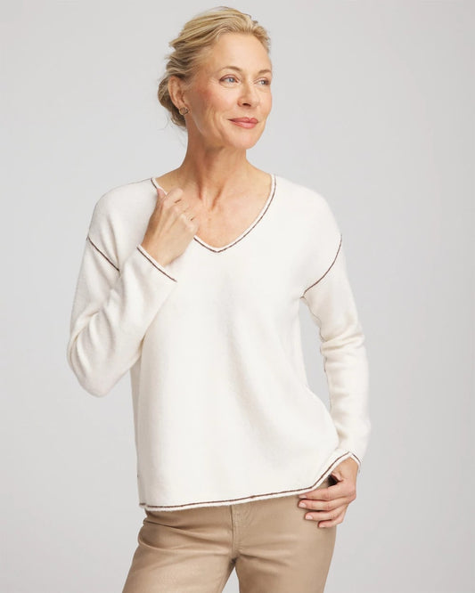 Chico's Contrast Stitch V-Neck Sweater English Cream