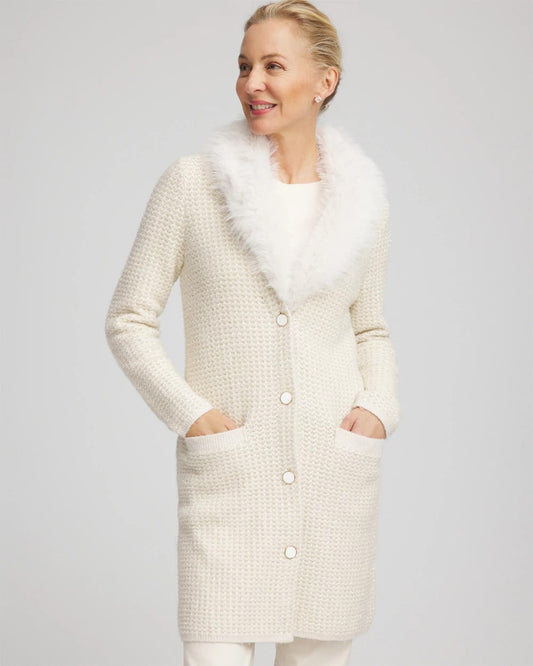 Chico's Fur Trim Cardigan English Cream