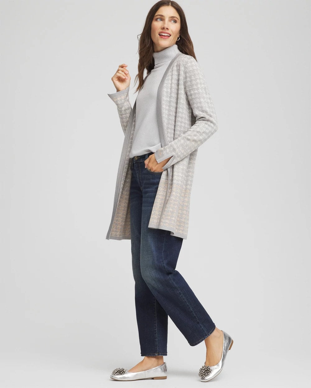 Chico's Metallic Herringbone Cardigan Gray