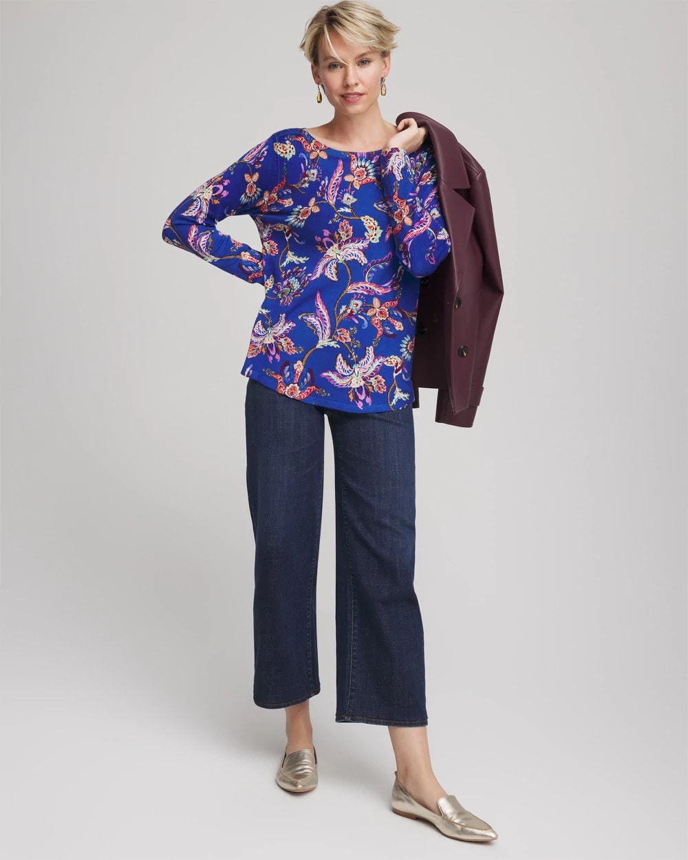 Chico's Ella Boatneck Printed Pullover Sweater Cobalt Stone