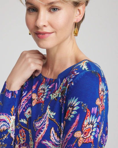 Chico's Ella Boatneck Printed Pullover Sweater Cobalt Stone
