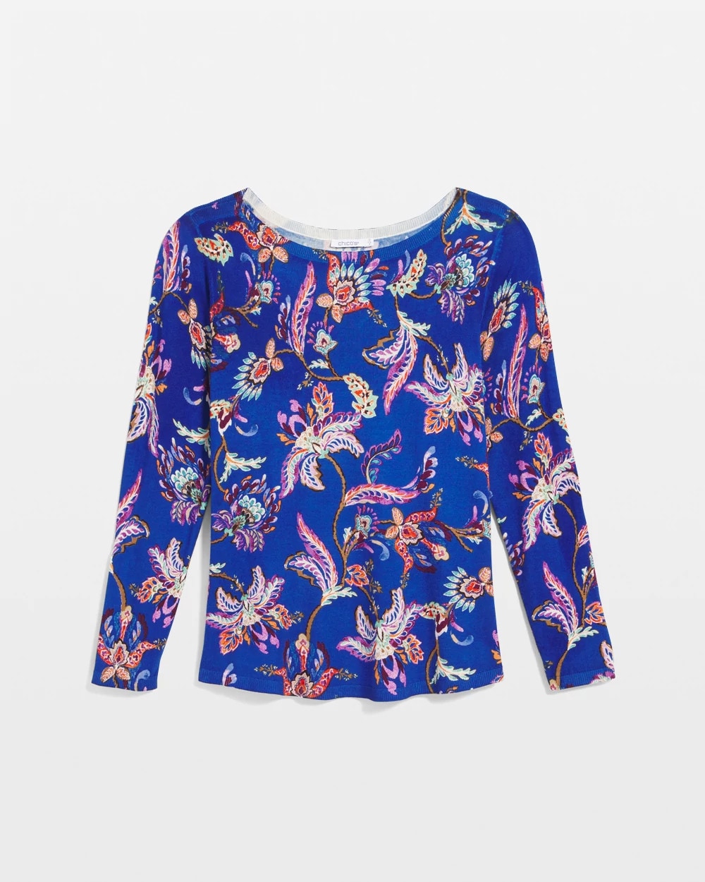 Chico's Ella Boatneck Printed Pullover Sweater Cobalt Stone