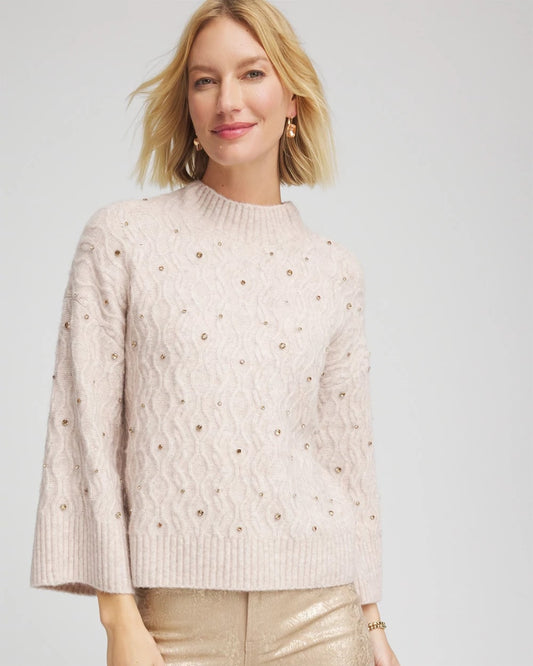 Chico's Sequined Cable Knit Sweater Birch Bark Heather