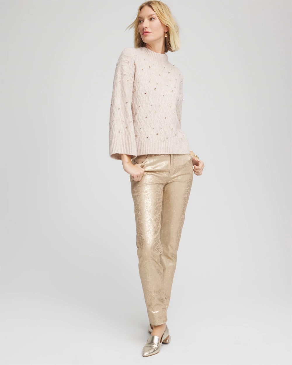 Chico's Sequined Cable Knit Sweater Birch Bark Heather