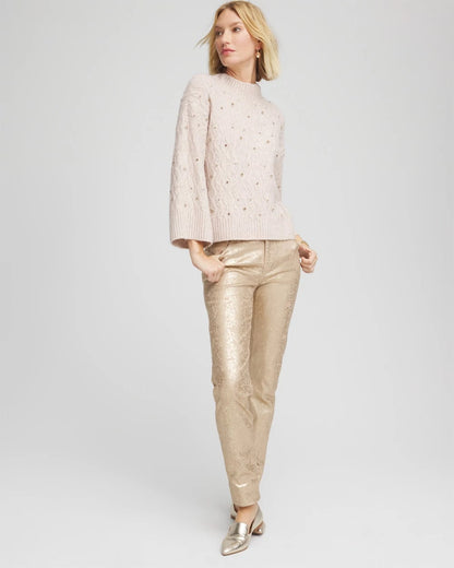 Chico's Sequined Cable Knit Sweater Birch Bark Heather
