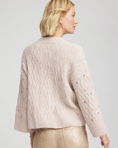 Chico's Sequined Cable Knit Sweater Birch Bark Heather