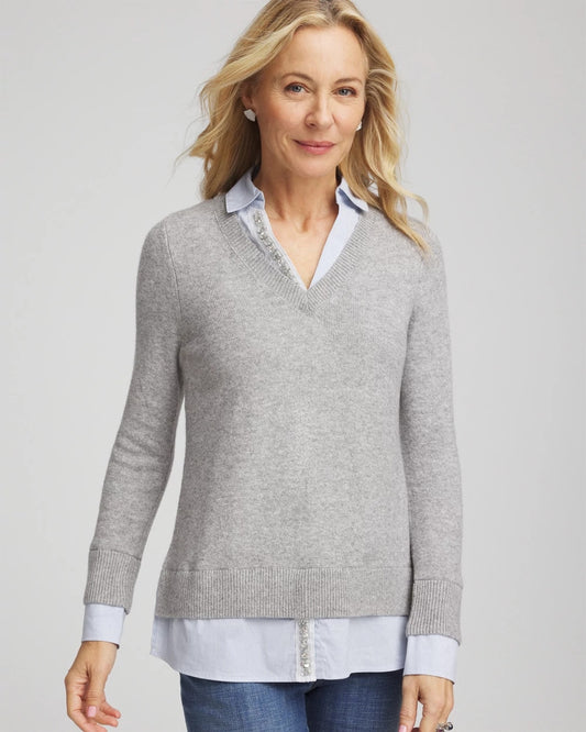 Chico's Sequin Built-In Shirt Knit Sweater Gray