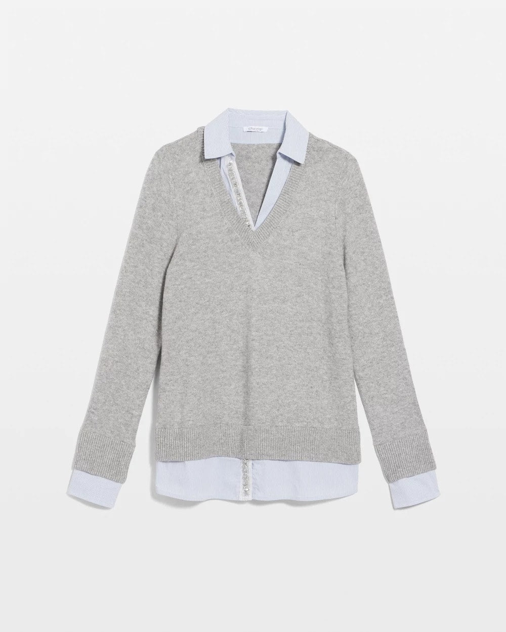 Chico's Sequin Built-In Shirt Knit Sweater Gray