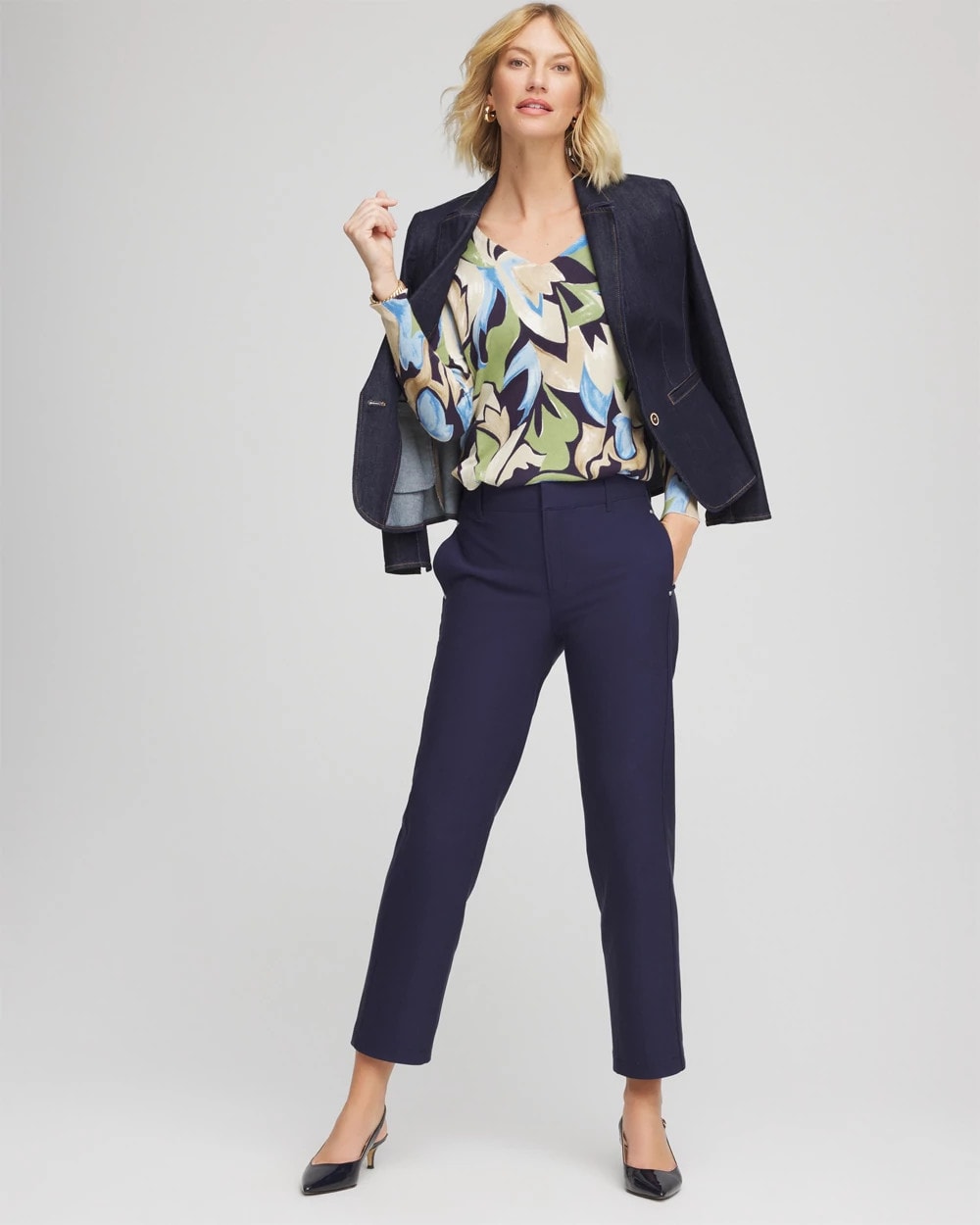 Chico's Ella Bloom V-Neck Pullover Sweater Passport Blue
