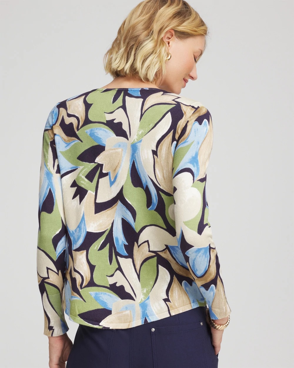 Chico's Ella Bloom V-Neck Pullover Sweater Passport Blue