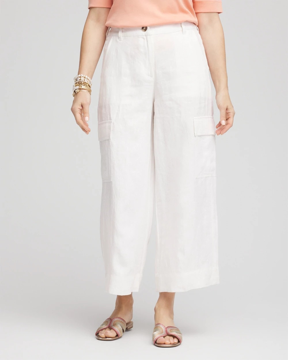 Chico's Linen Cargo Wide-Leg Cropped Pants Alabaster