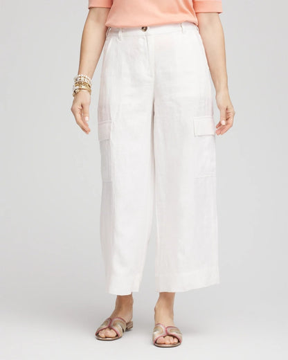 Chico's Linen Cargo Wide-Leg Cropped Pants Alabaster